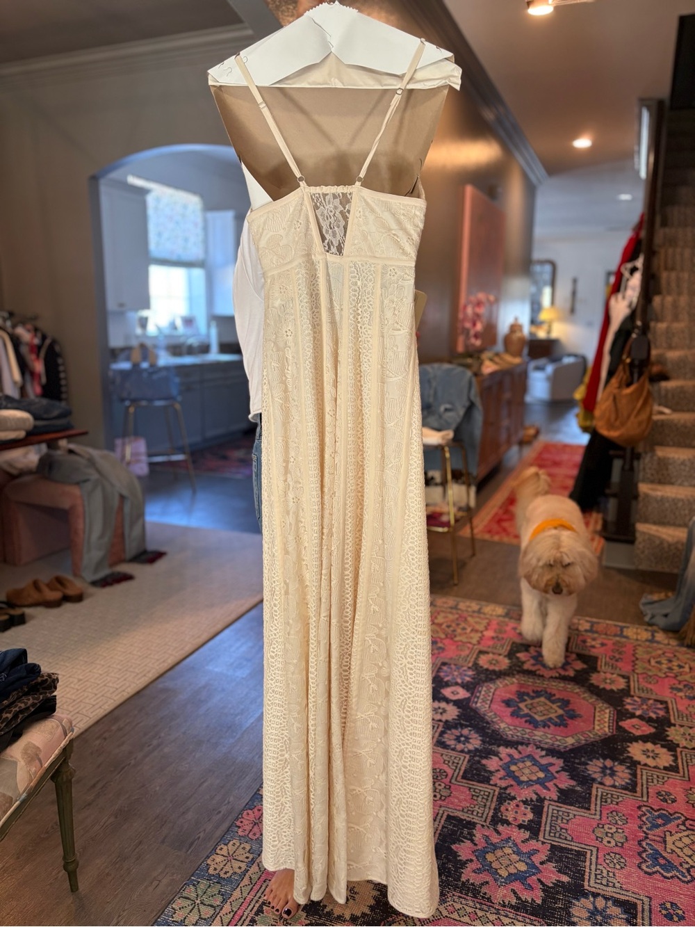BCBG Cream Lace Maxi Dress with Delicate Straps